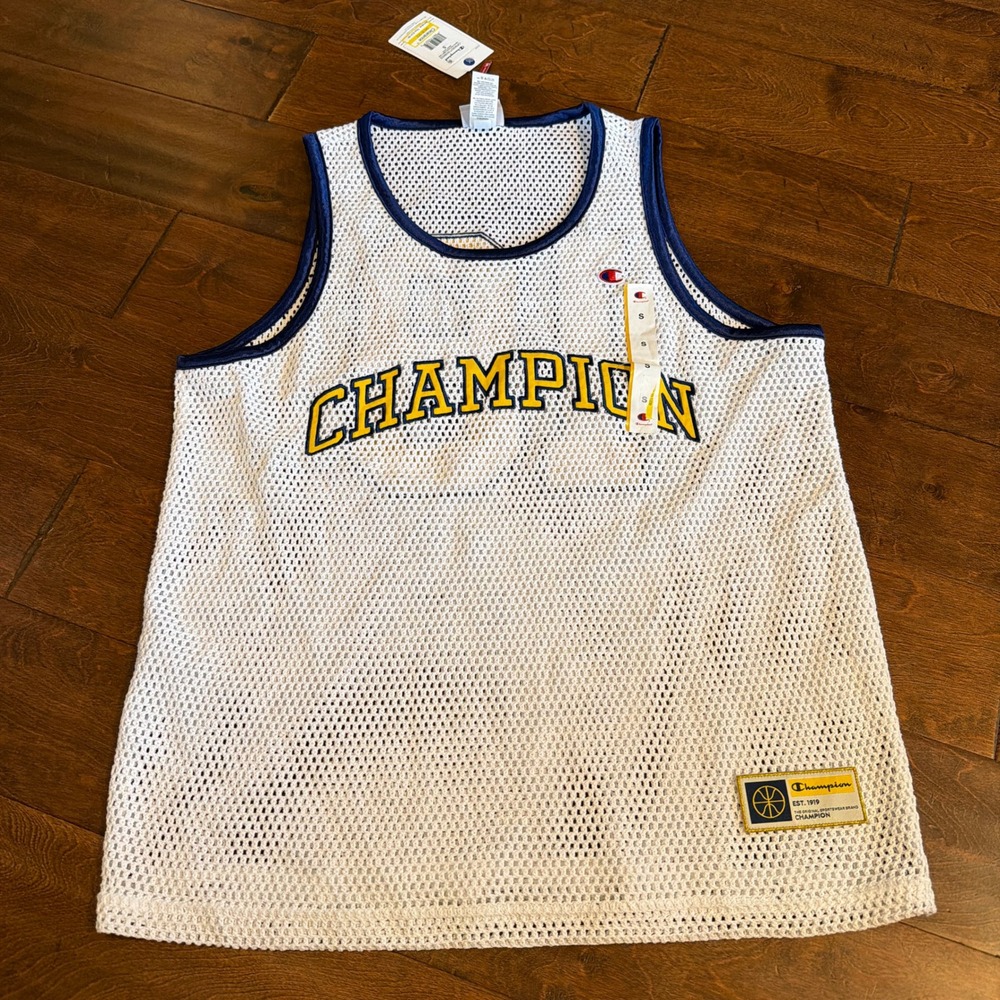 Champion Mens Mesh Basketball Jersey White Navy Yellow Tank Top Small